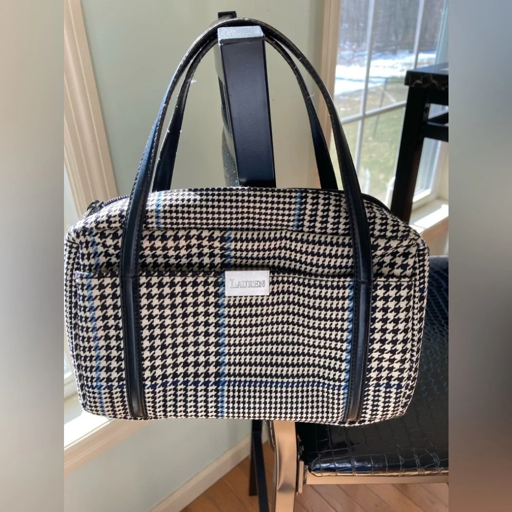 Ralph Lauren Black & White Houndstooth Satchel with Blue Accent